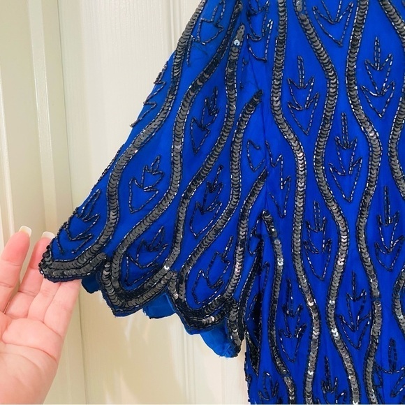 Stenay Vintage Royal Blue Silk with Black Sequins Beaded Formal Dress Size 12 - Picture 4 of 9